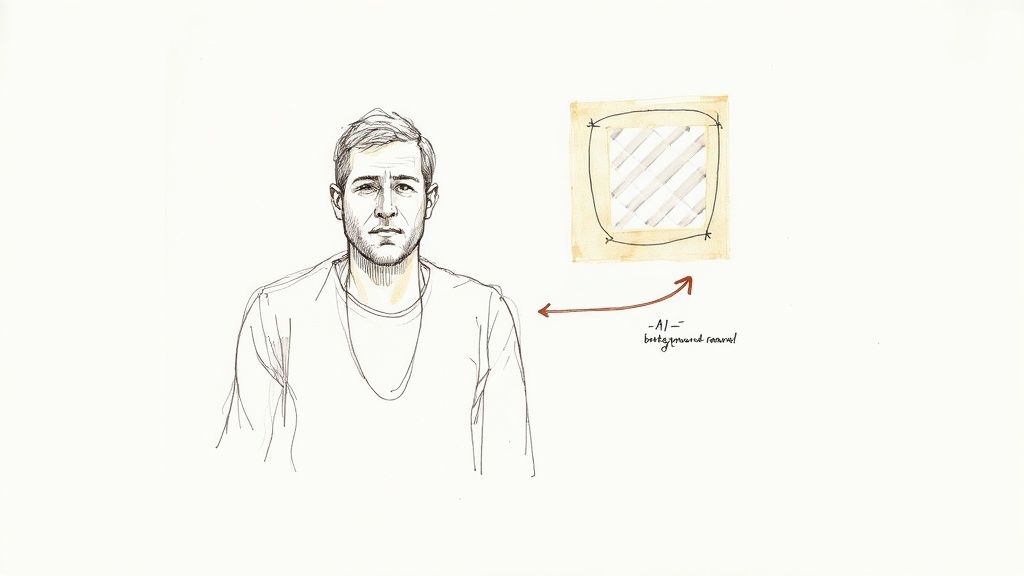 Sketch of a man next to an illustration of AI background removal with an arrow.