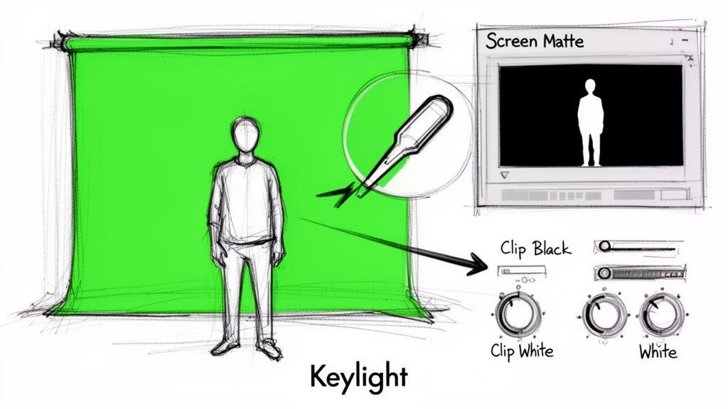 Illustration showing a person standing in front of a green screen, demonstrating chroma keying and screen matte controls.