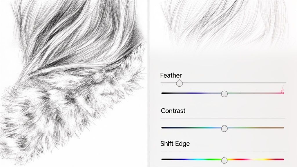 Digital art interface displaying a pencil sketch of fur/feathers alongside adjustment sliders for 'Feather', 'Contrast', and 'Shift Edge'.