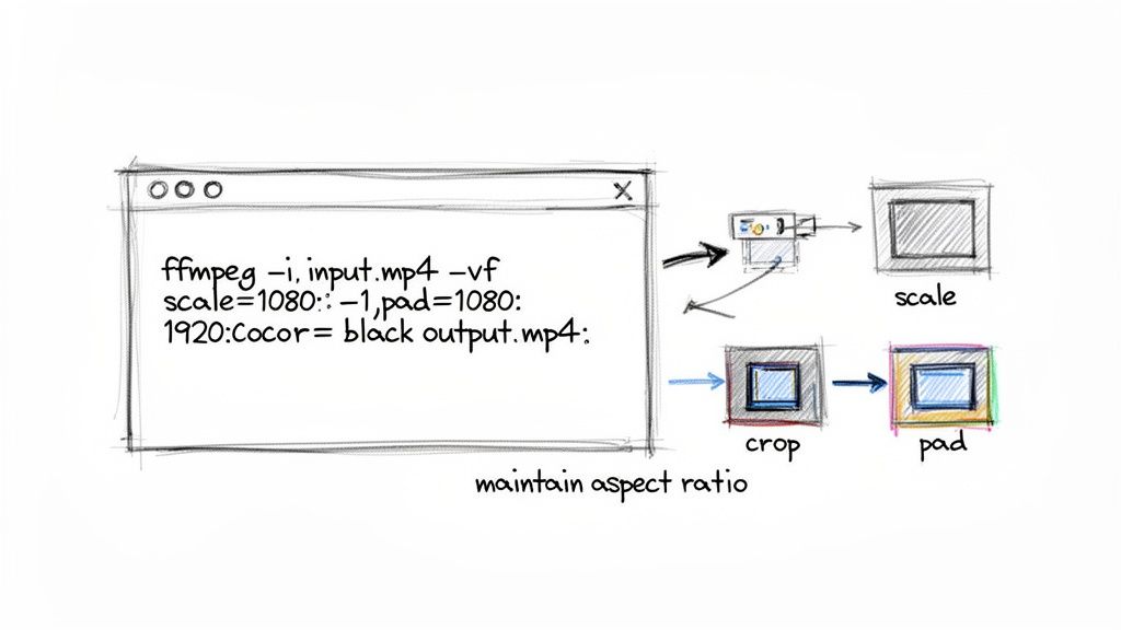 FFmpeg command and diagrams illustrate video scaling, cropping, and padding for aspect ratio adjustment.