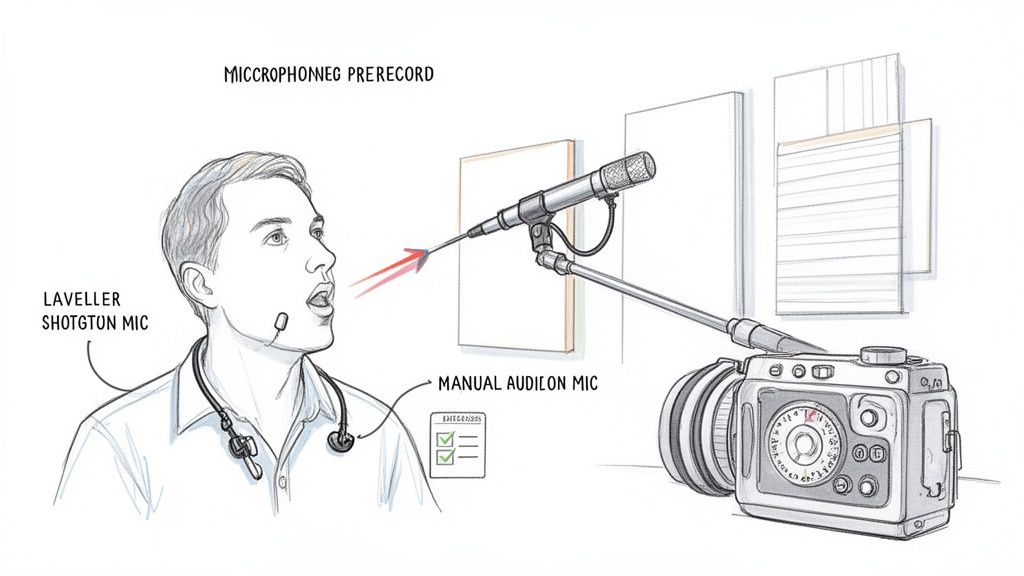 A diagram illustrates a man speaking into a lavalier mic, with a shotgun mic recording to a camera.