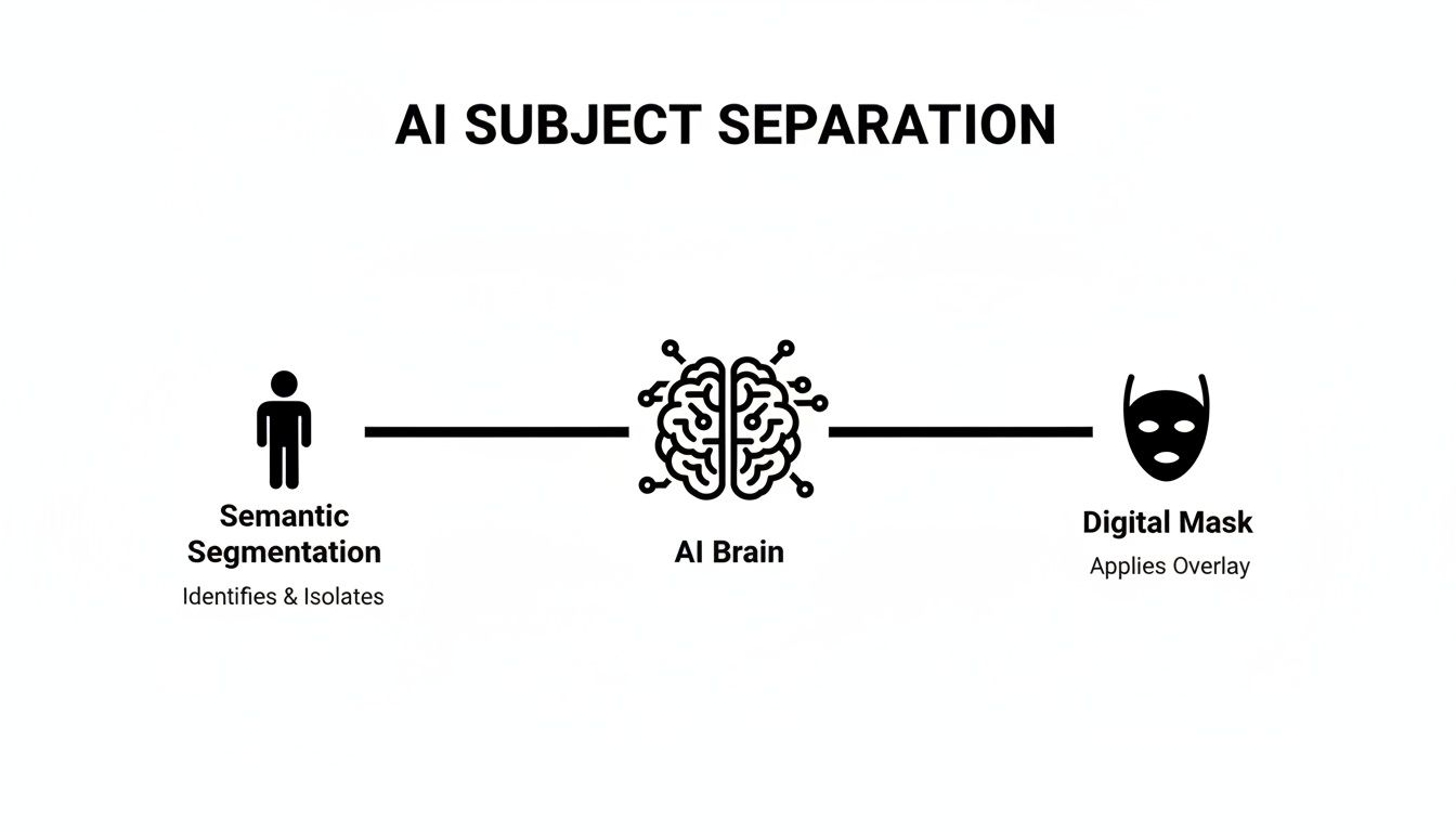 Diagram illustrating AI Subject Separation, showing semantic segmentation, AI brain processing, and digital mask application.