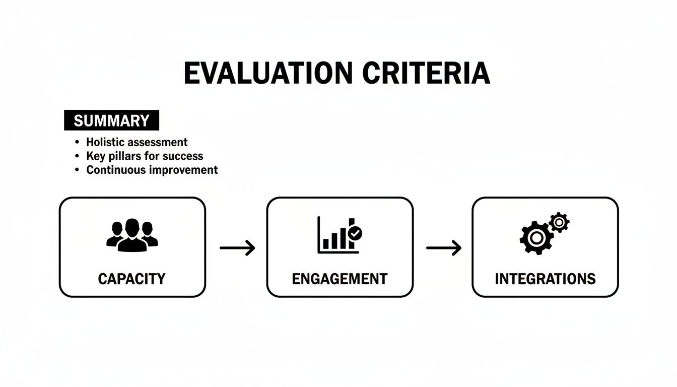 Evaluation criteria flowchart illustrating holistic assessment steps: capacity, engagement, and integrations for success.