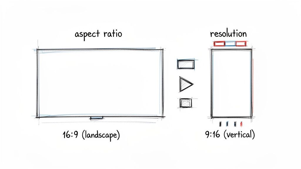 Diagram illustrating the difference between aspect ratio (16:9 landscape) and resolution (9:16 vertical).