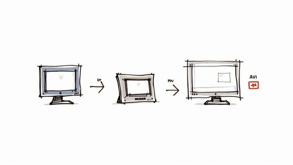 A digital illustration showing a film strip transforming from a MOV file icon to an AVI file icon, symbolizing the conversion process.