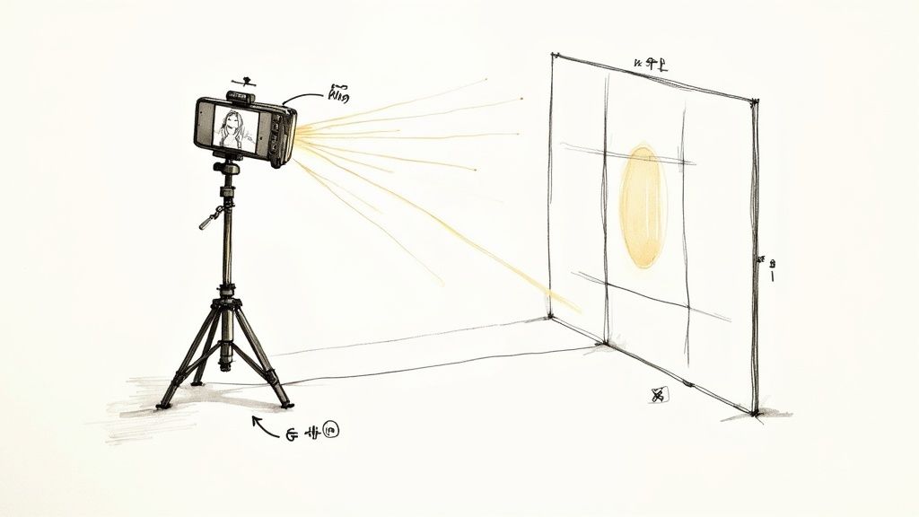 A person sitting at a desk with a professional microphone and lighting, creating a video.