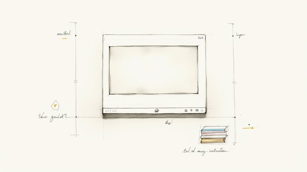 Hand-drawn sketch of a computer monitor with annotations, showing design concepts.