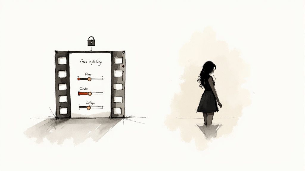 A visual effects artist fine-tuning the edges of a rotoscoped subject in After Effects, with the Roto Brush & Refine Edge effect panel visible