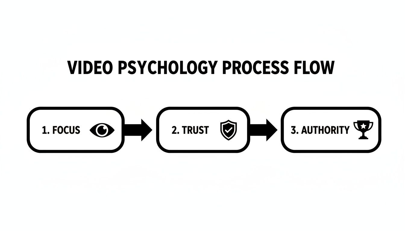 A flowchart illustrating the video psychology process: 1. Focus, 2. Trust, 3. Authority, each with a relevant icon.