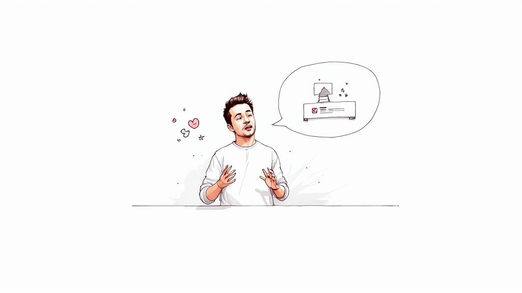 Cartoon illustration of a man speaking enthusiastically, with a thought bubble showing a computer and checklist.