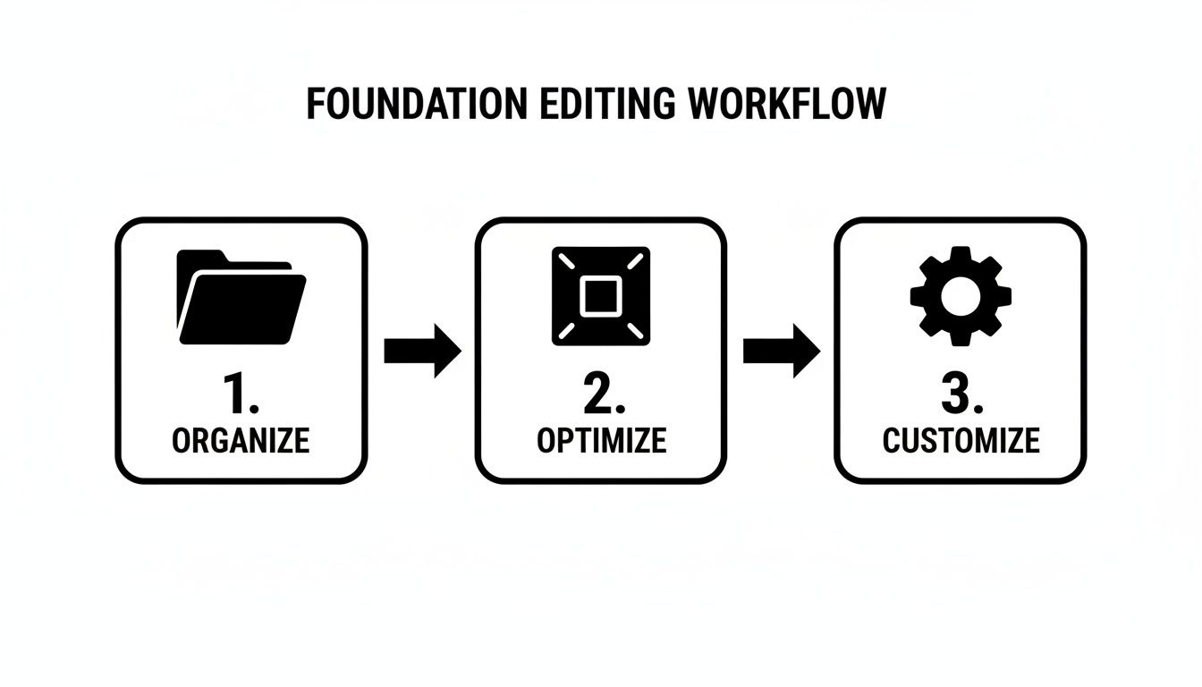 A three-step foundation editing workflow: organize, optimize, and customize, with clear icons.