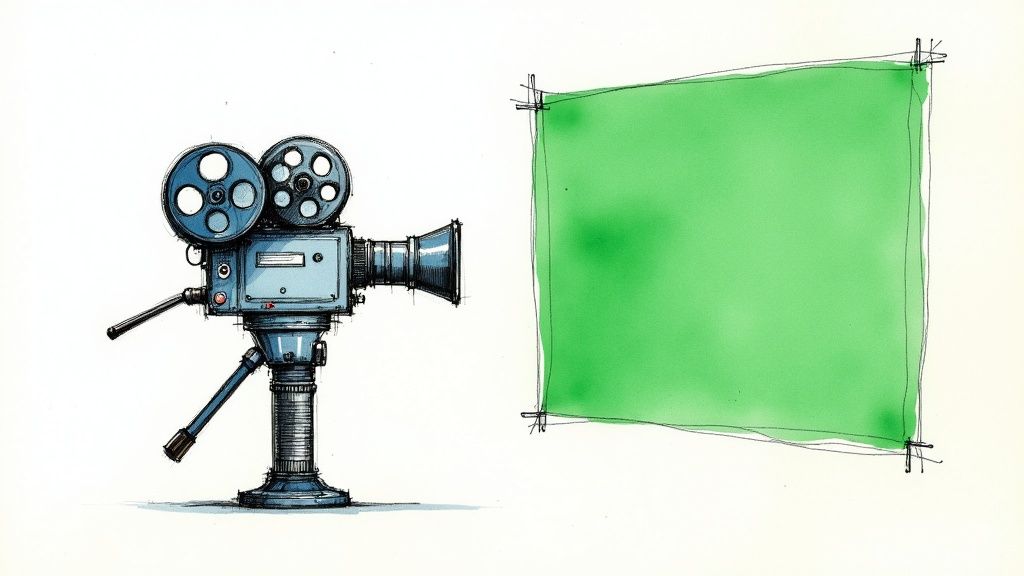 A visual representation of chroma keying, showing a person in front of a green screen being composited onto a new background.