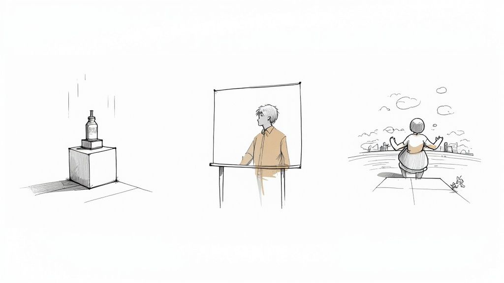 A triptych of three sketch panels: a bottle on a pedestal, a man at a board, and a person meditating outdoors.