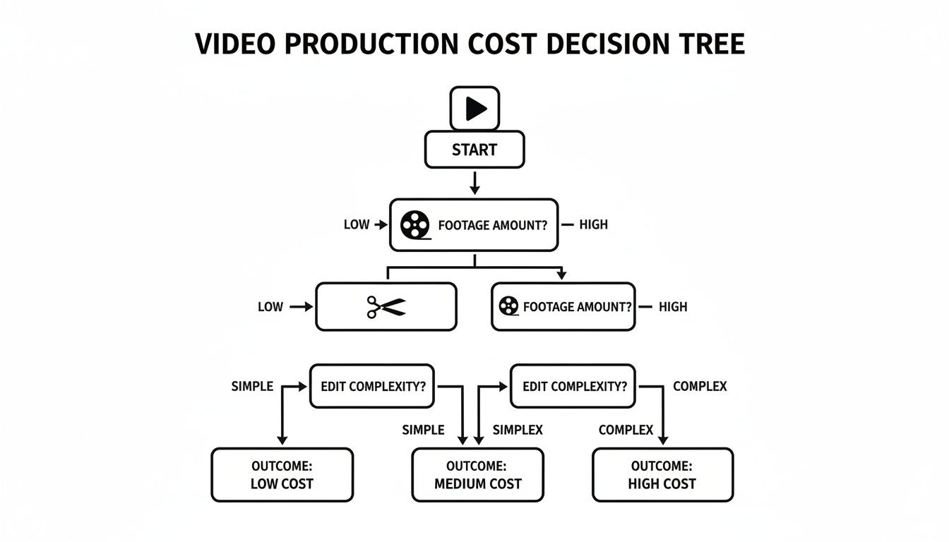 Decision tree diagram illustrating video production costs based on footage amount and edit complexity.