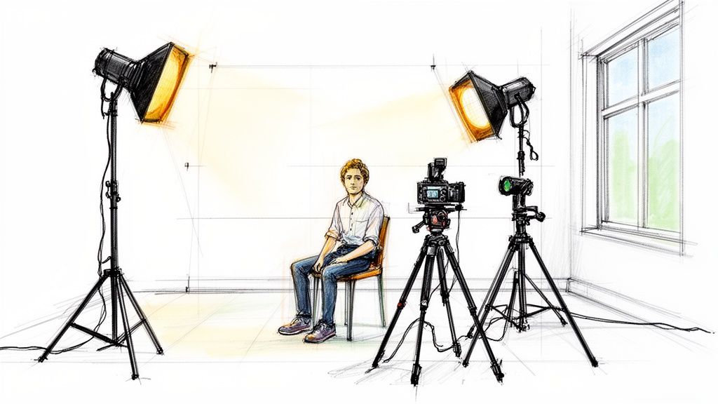 A hand-drawn sketch of a man sitting in a video interview setup with lights and cameras.