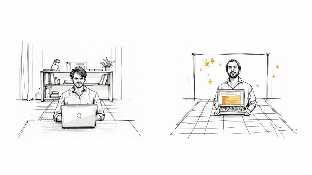 Woman using a laptop to edit a video with a custom background