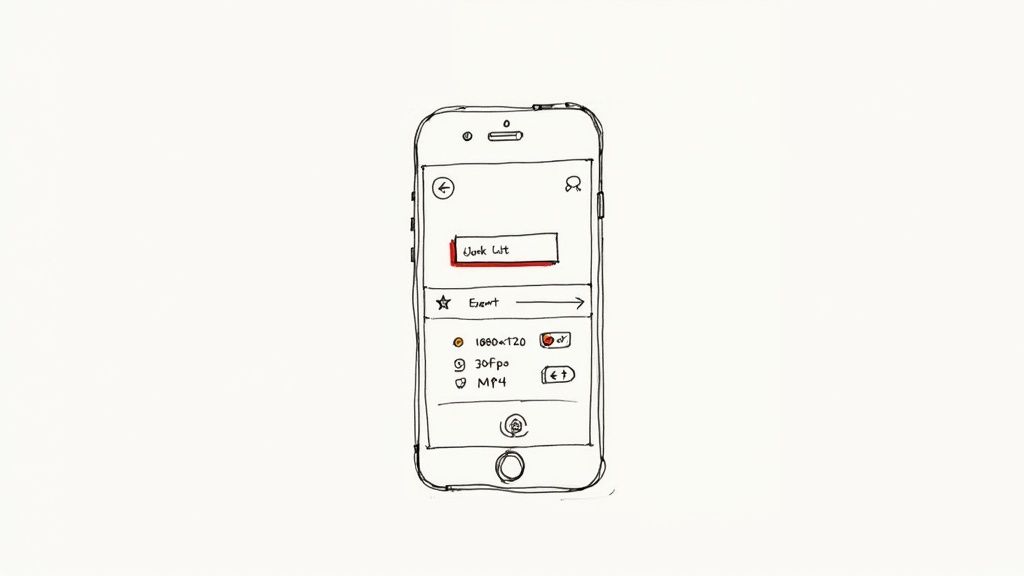 A hand-drawn sketch of a smartphone displaying a mobile app interface with video recording settings for resolution, frame rate, and format.
