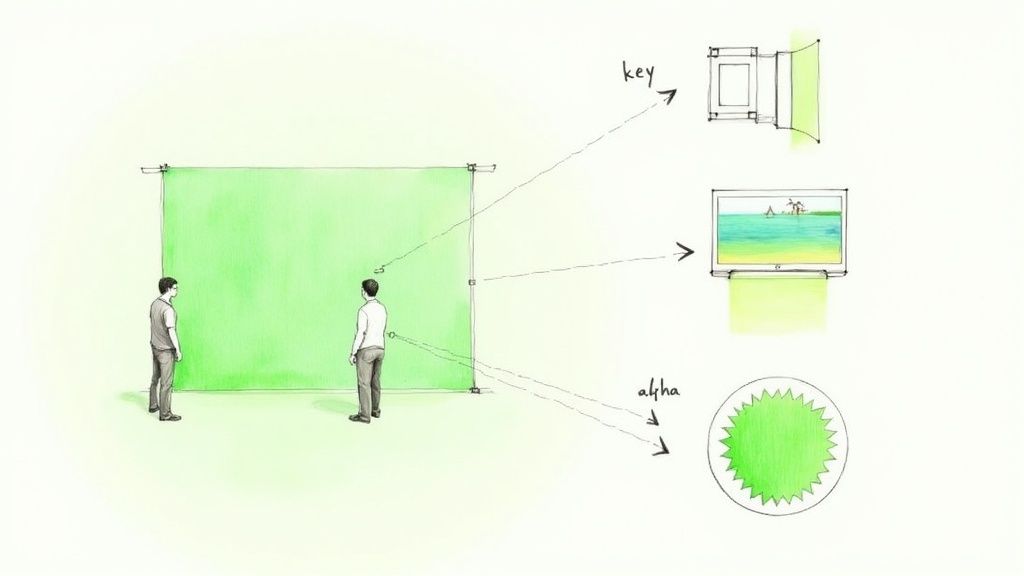 A behind-the-scenes shot of a green screen video production setup.