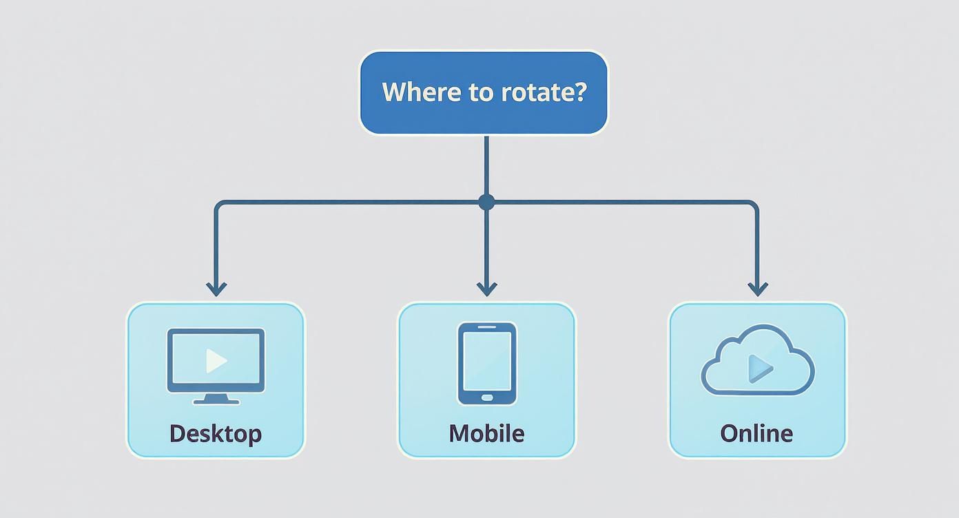 Flowchart presenting options for rotating content: Desktop, Mobile, and Online platforms.