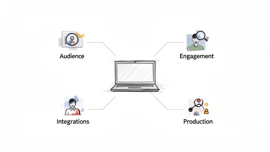 A diagram shows a laptop connected to four key aspects: Audience, Engagement, Integrations, and Production.