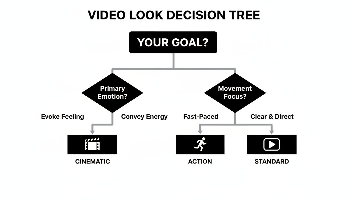 Flowchart titled 'Video Look Decision Tree' guiding selection between Cinematic, Action, and Standard video styles.