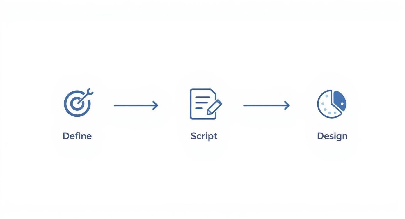 A three-step process flow: Define (target icon), Script (document and pencil), and Design (pie chart).
