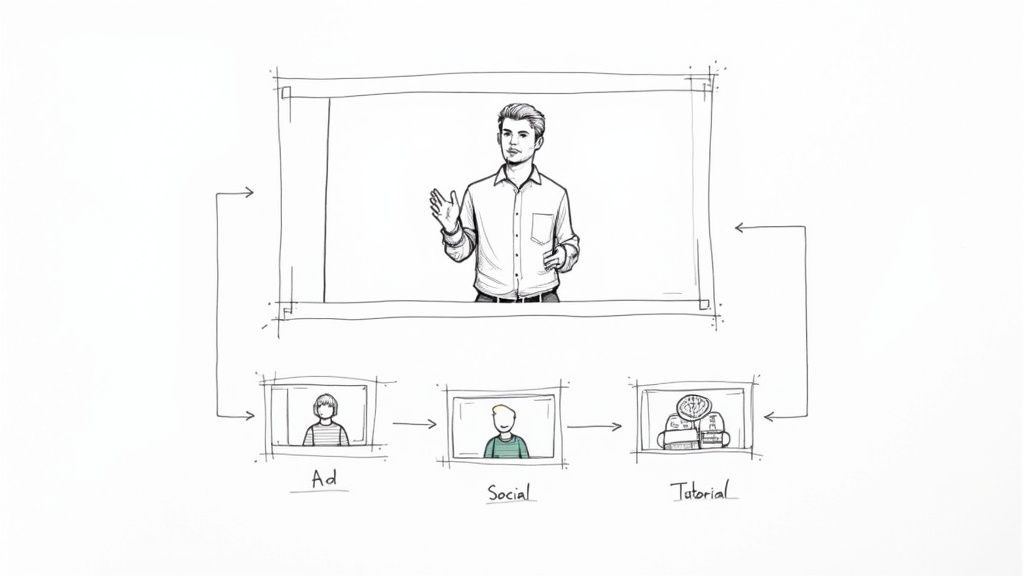 A diagram showing a man presenting, with arrows leading to 'Ad', 'Social', and 'Tutorial' content.