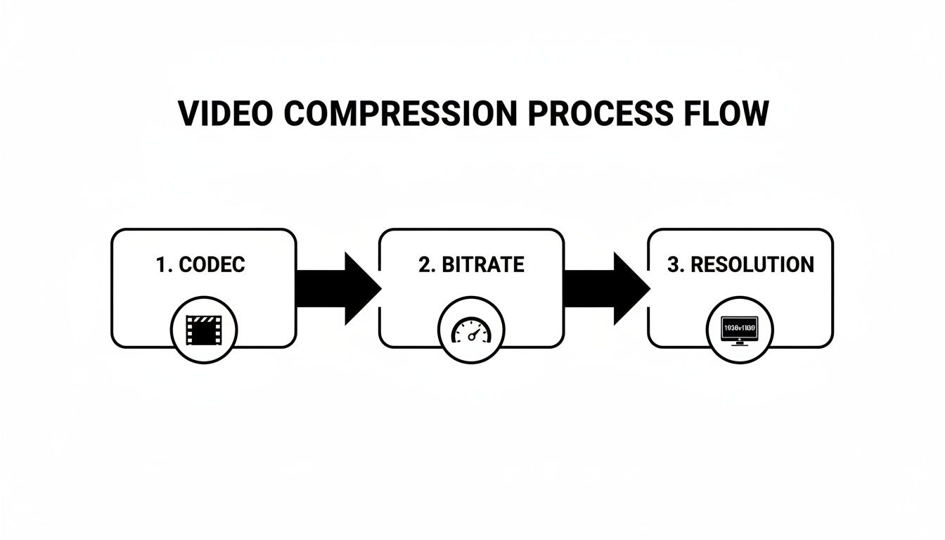 A video compression process flow diagram illustrating three sequential steps: Codec, Bitrate, and Resolution.