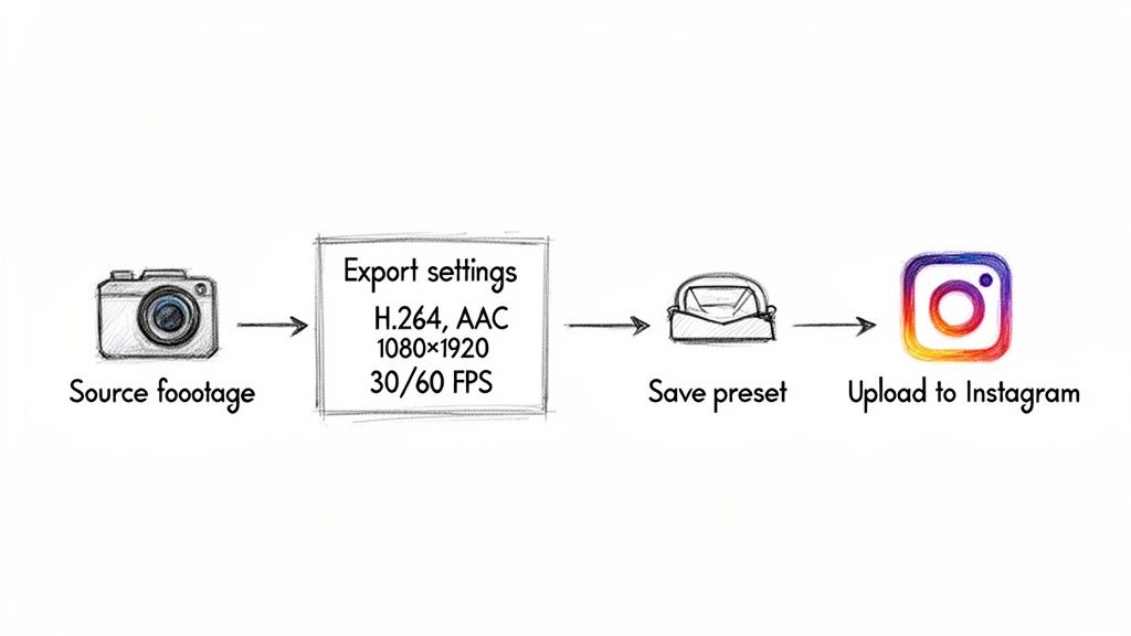 A diagram illustrates the video export and upload workflow for Instagram, detailing codec, resolution, and frame rate settings.
