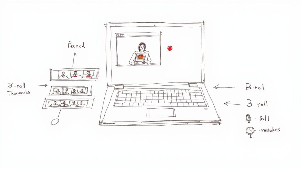 A creator records their screen on a laptop while also capturing their on-camera performance with a microphone setup.