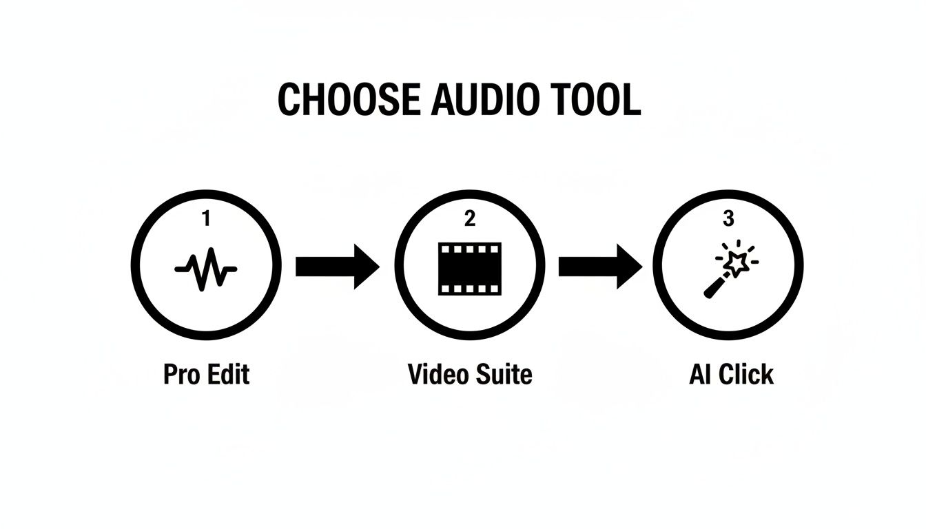 Flowchart showing three audio tools: Pro Edit (waveform), Video Suite (film strip), and AI Click (magic wand).