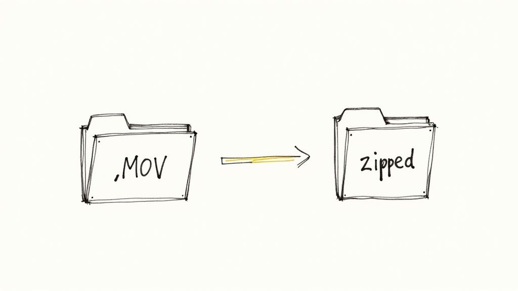 A visual representation of video compression, showing a large file being reduced to a smaller one.