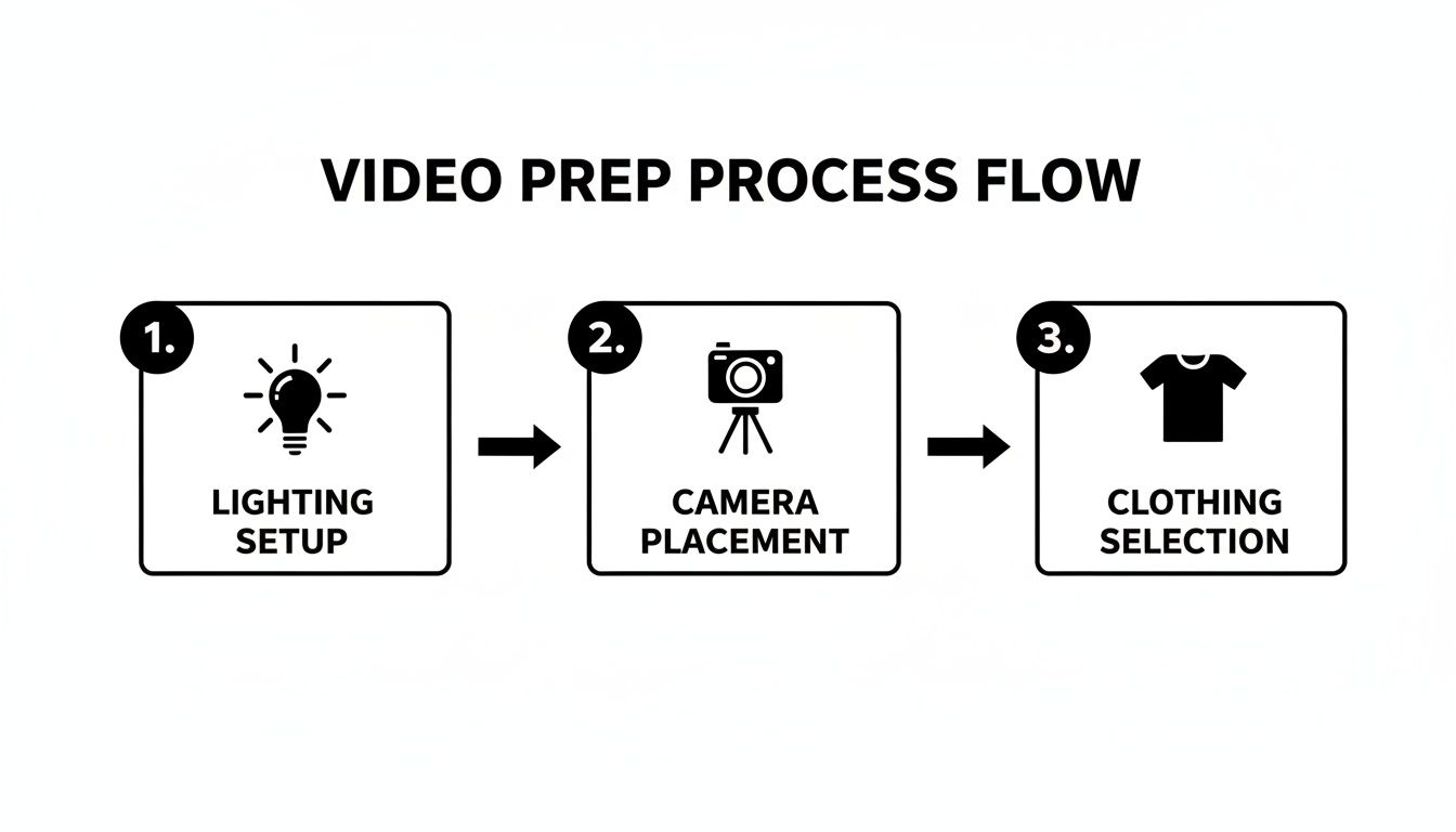 A video preparation process flow diagram showing three steps: lighting setup, camera placement, and clothing selection.