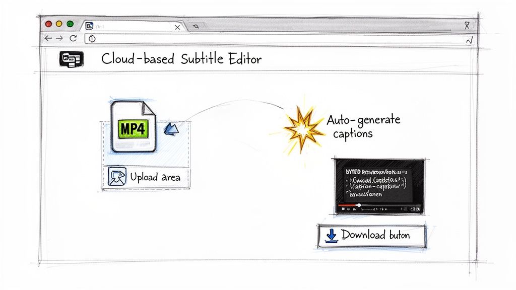 Sketch of a cloud-based subtitle editor for MP4 files, demonstrating upload, auto-generate captions, and download.
