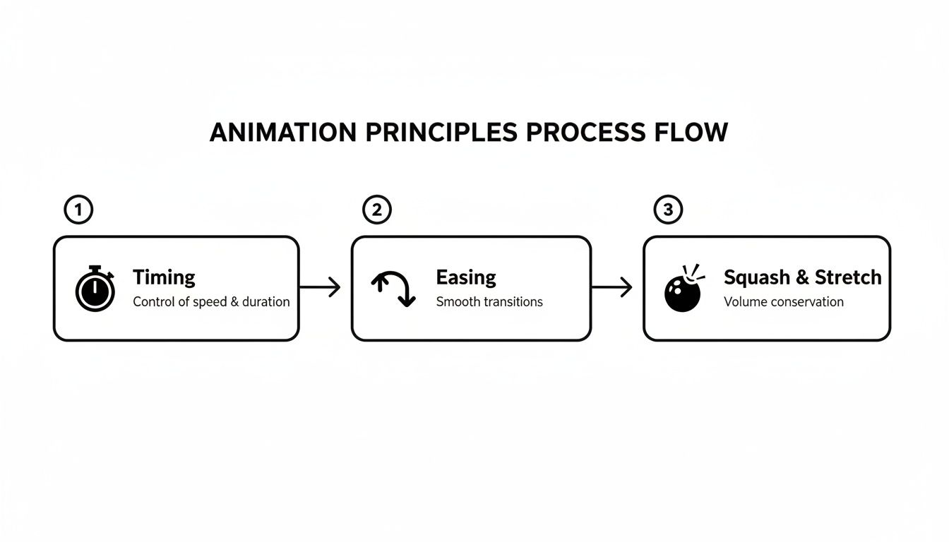 A process flow diagram illustrating three core animation principles: Timing, Easing, and Squash & Stretch.