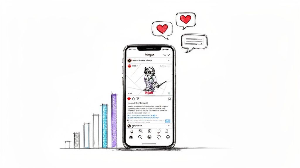 Illustration of an iPhone showing an Instagram post with likes, comments, and a bar chart, representing social media growth.