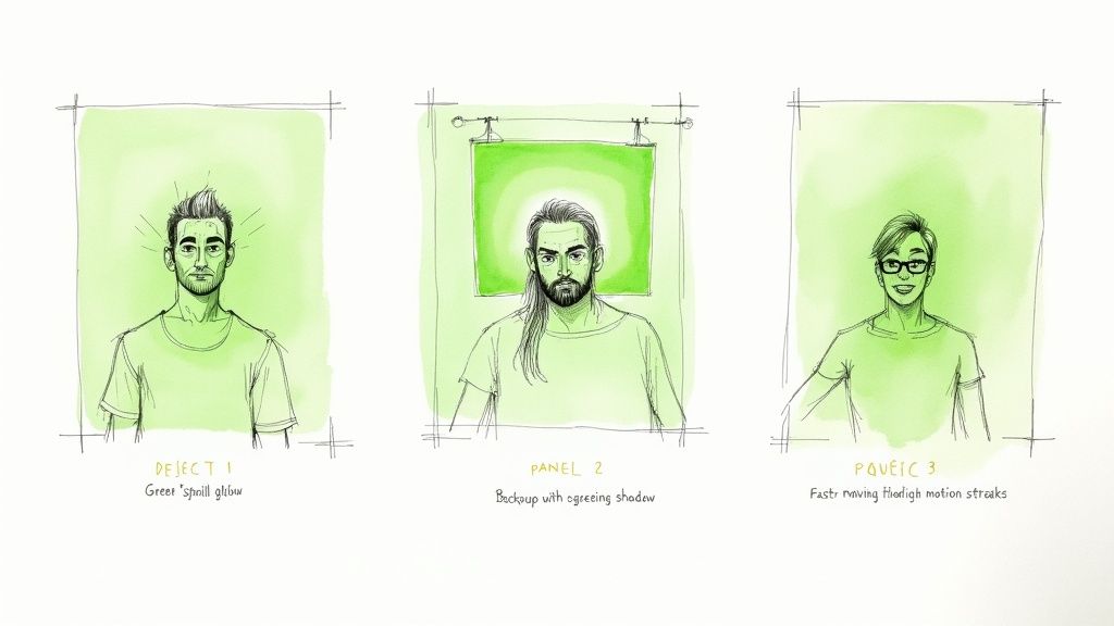 A person adjusting a light in front of a green screen setup.