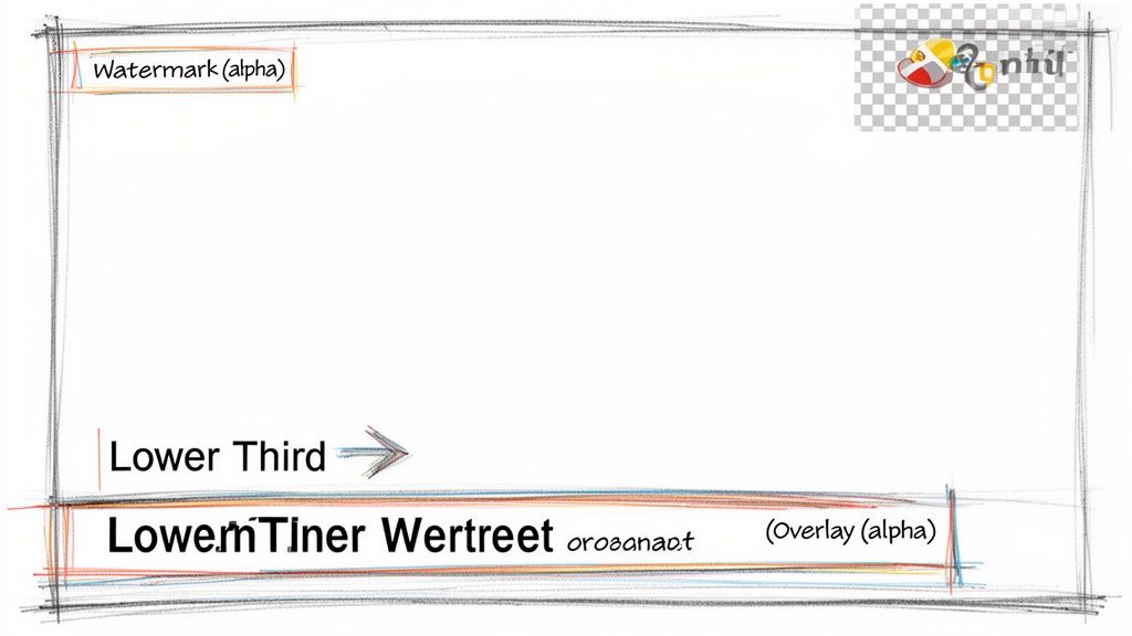 A design template with annotations for a top-left watermark, a top-right logo, and a lower-third text overlay.