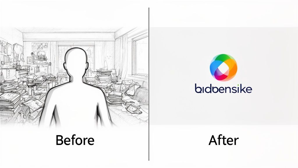 Illustration of a person in a cluttered room (before) contrasted with a clean, colorful bidbensike logo (after).