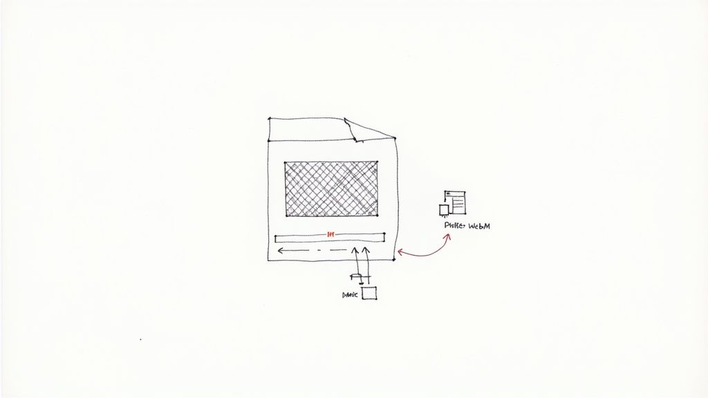 A hand-drawn diagram shows a video file with a mask applied, indicating a WebM format process.