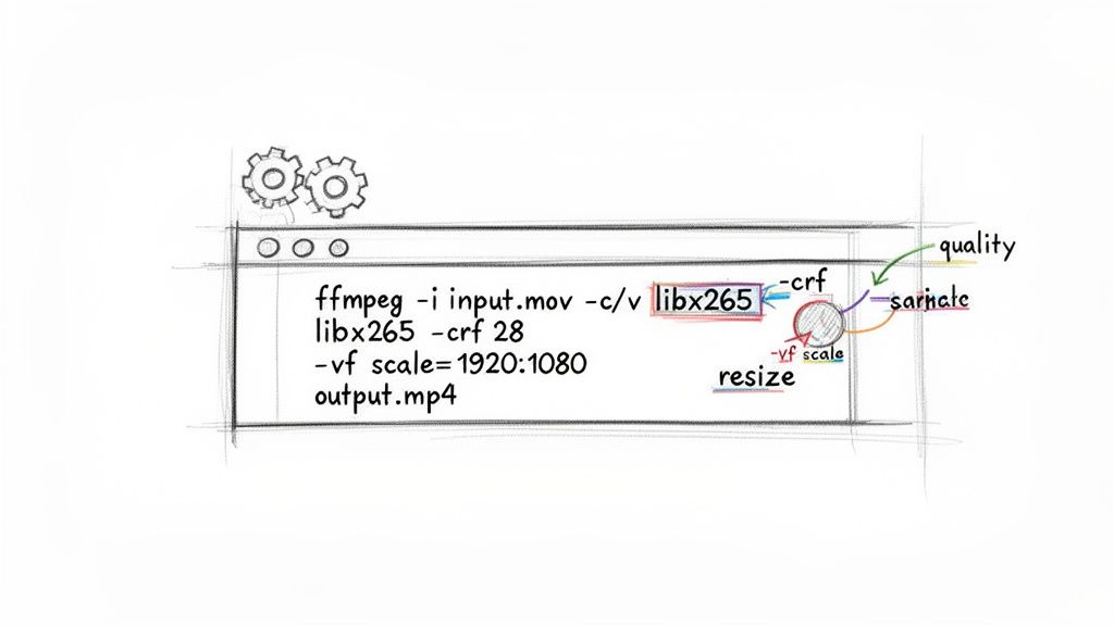 A diagram illustrating an FFmpeg command for video compression and resizing with libx265.