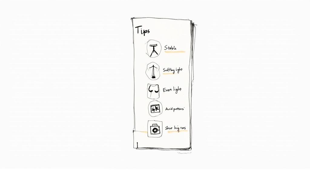 A hand-drawn list of photography tips, emphasizing stable setup, soft even light, avoiding patterns, and shooting high resolution.