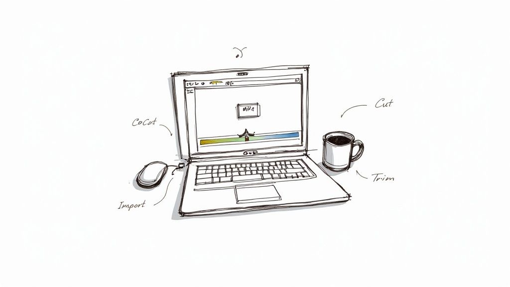 A person editing an MP4 video on a laptop, showing a timeline with clips and effects.