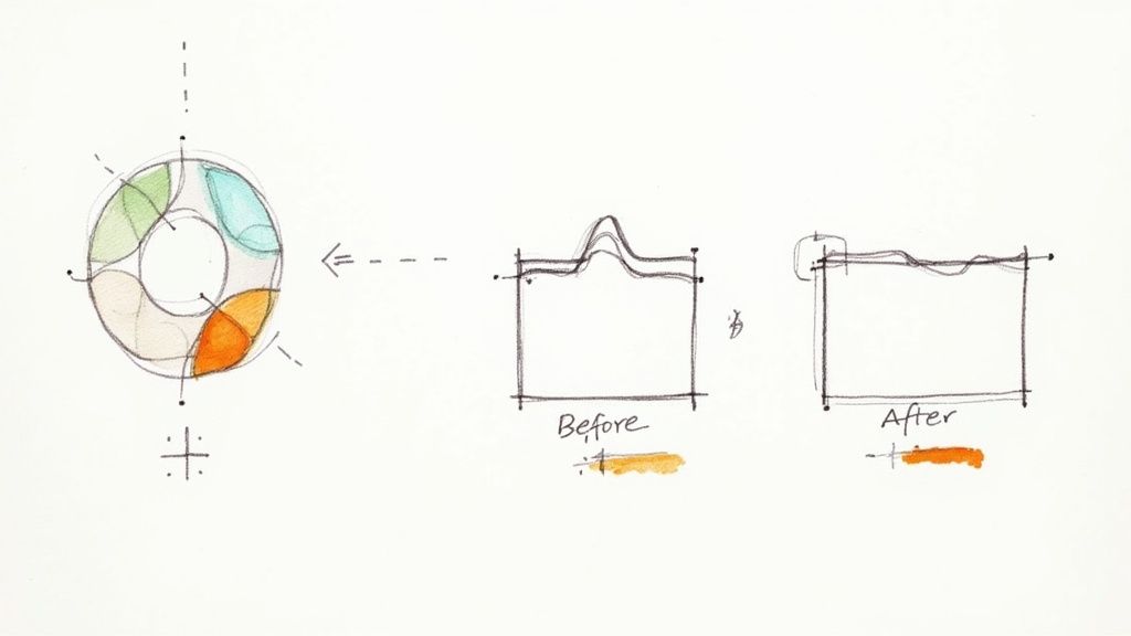 Hand-drawn diagrams show a circular design and a waveform being smoothed from a peak ('Before') to flat ('After').