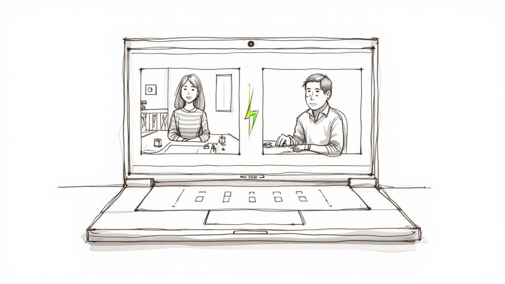 A person sitting in front of a laptop, with a clean, professional background, illustrating the result of using a video background editor online.