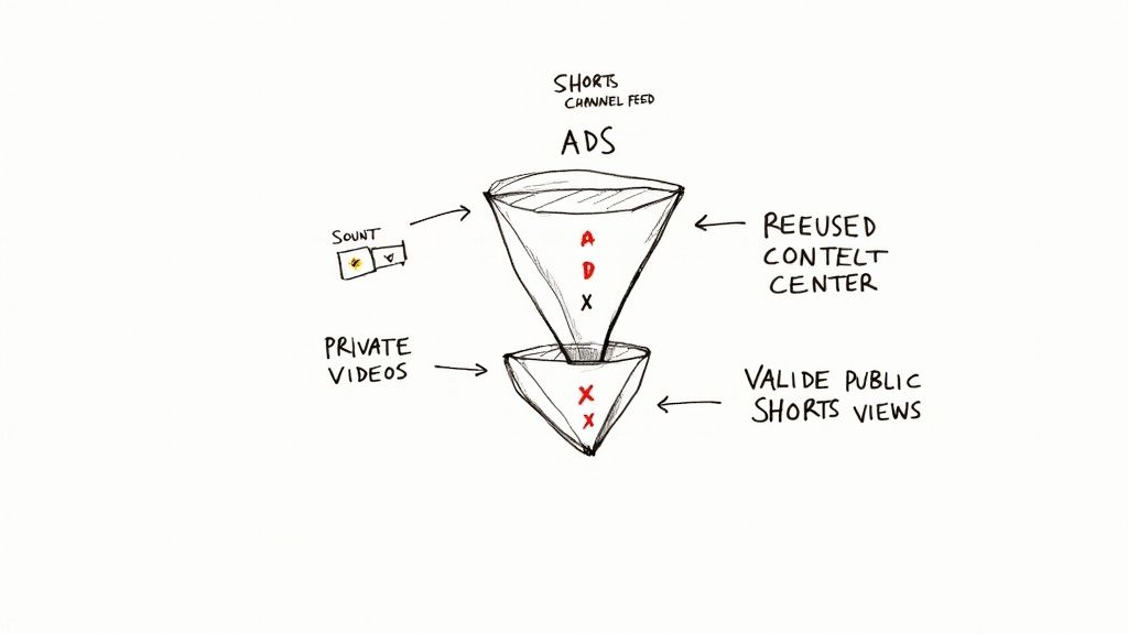 Hand-drawn diagram of YouTube Shorts monetization funnel, showing ads, content review, and valid public views.