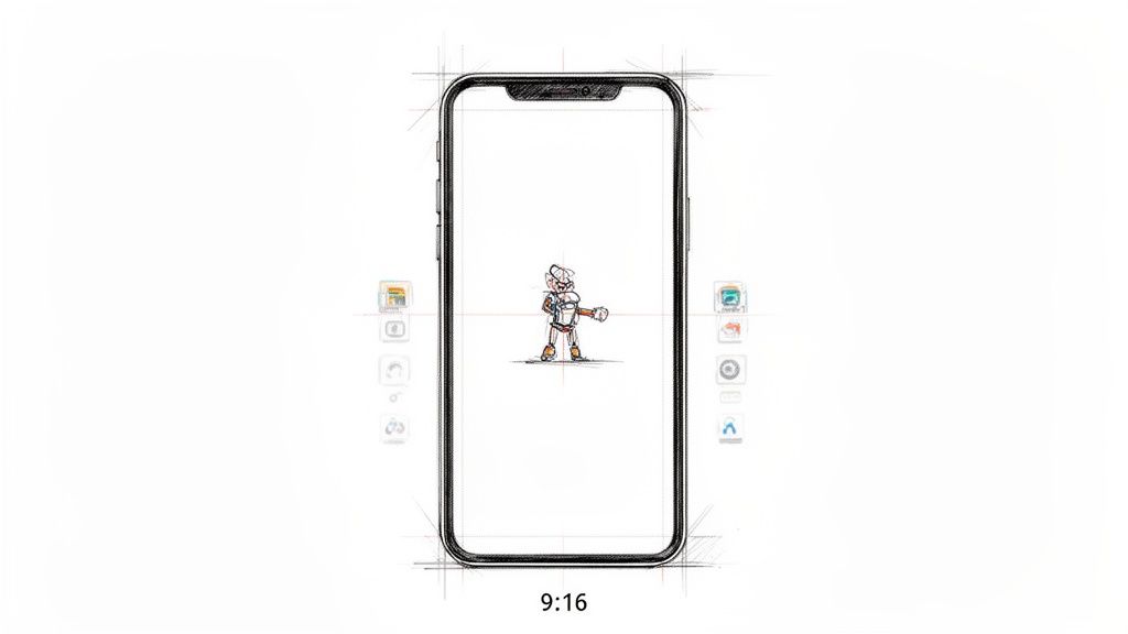 A hand-drawn sketch of a smartphone with a cartoon character and surrounding app icons.