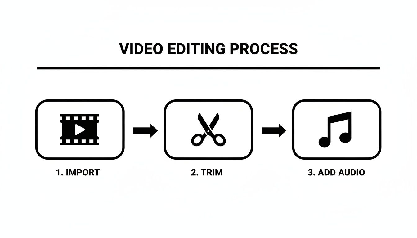 Diagram illustrating the video editing process with three steps: import, trim, and add audio.