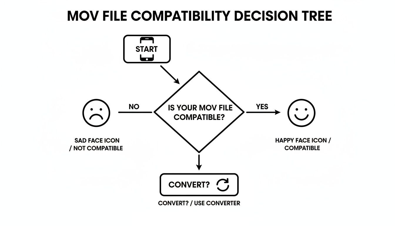 Decision tree flowchart showing steps for MOV file compatibility: check, convert if not compatible.