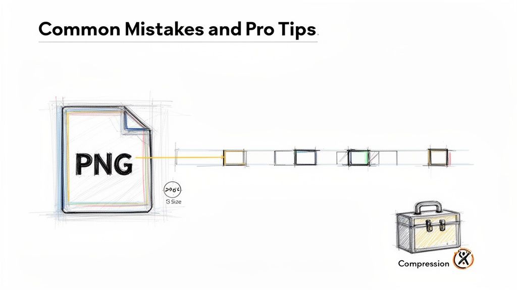 A diagram illustrating a PNG file being processed through compression, showing file size optimization tips.